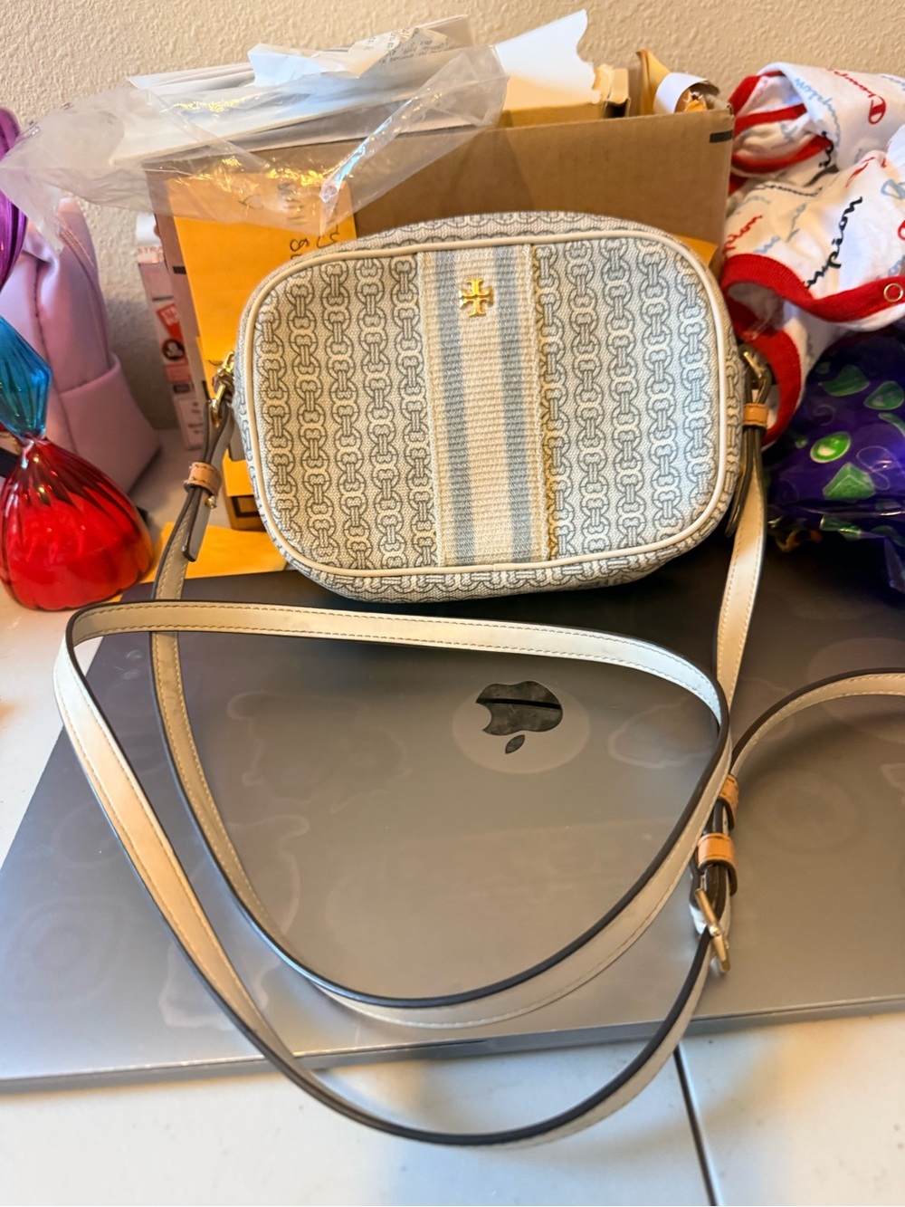 Authentic Tory Burch Gemini Link Canvas Mini Bag IVORY / Blue Crossbody